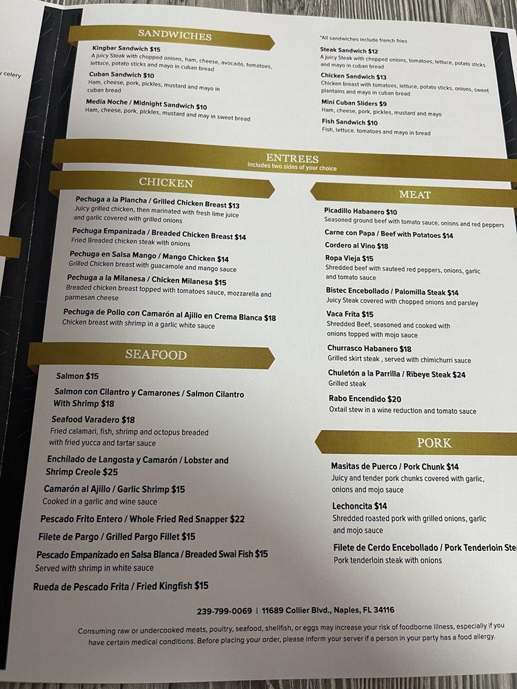 Menu at King’s Bar, Golden Gate