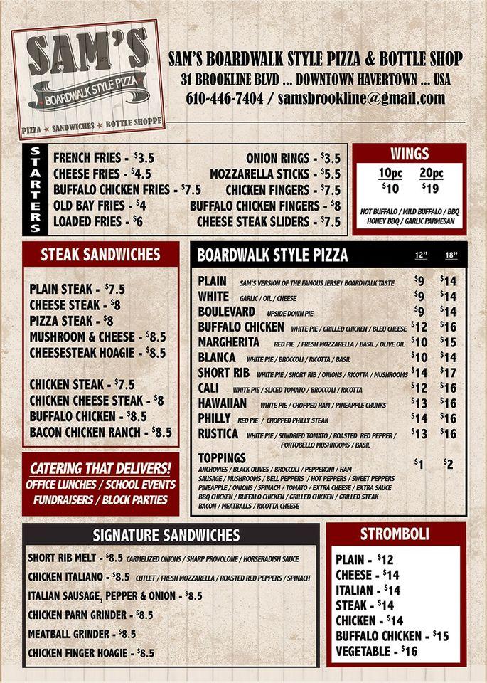 Menu at Sam’s Boardwalk Style Pizza and Bottle Shop pizzeria, Havertown