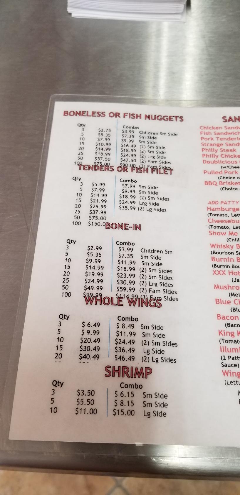 Carta del restaurante Wing Busters, Kansas City, 9th and