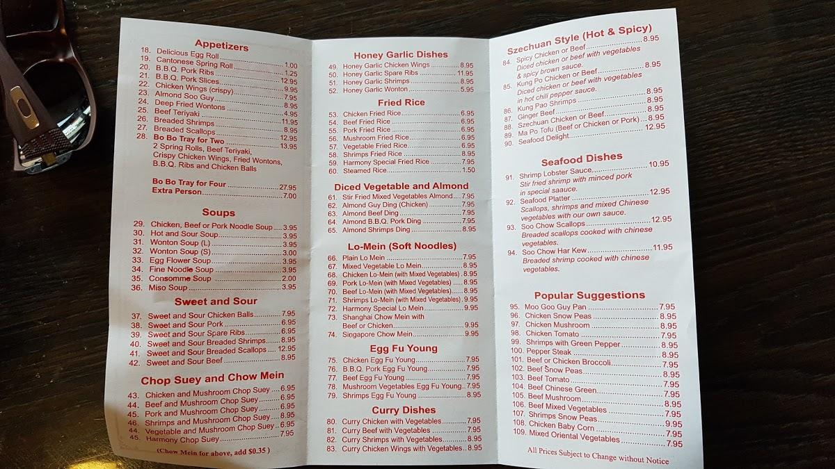 Menu at Harmony Chinese Food Restaurant, Tillsonburg
