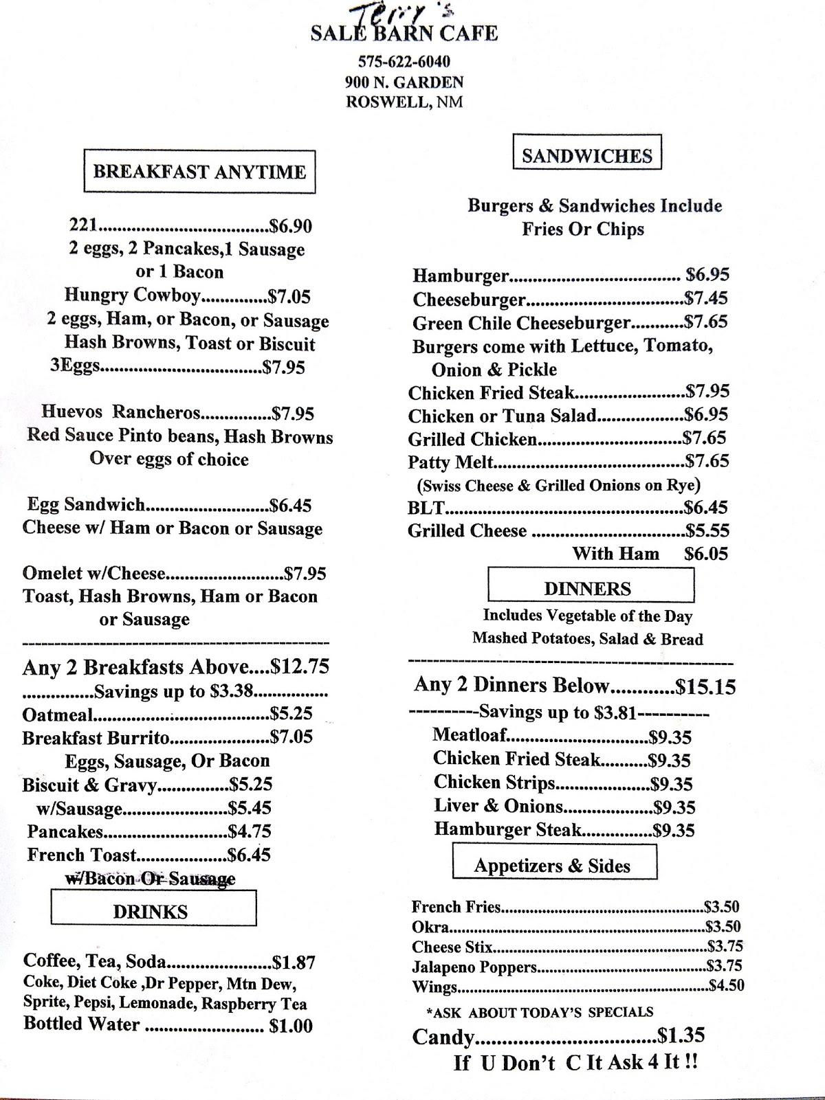 Menu at Sale Barn Cafe, Roswell