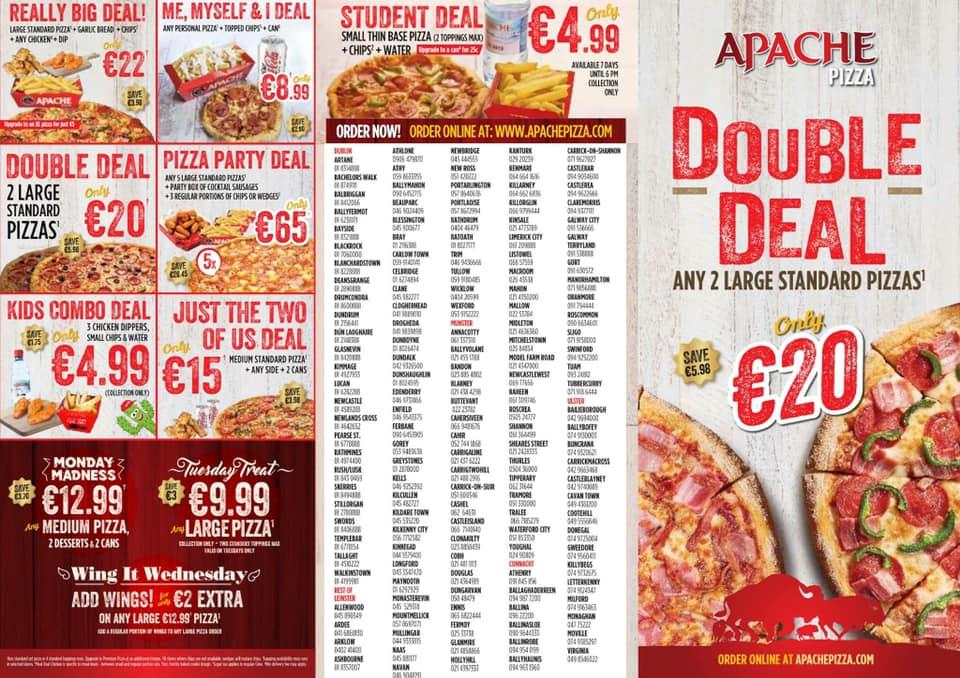 Menu at Apache Pizza restaurant, Gort