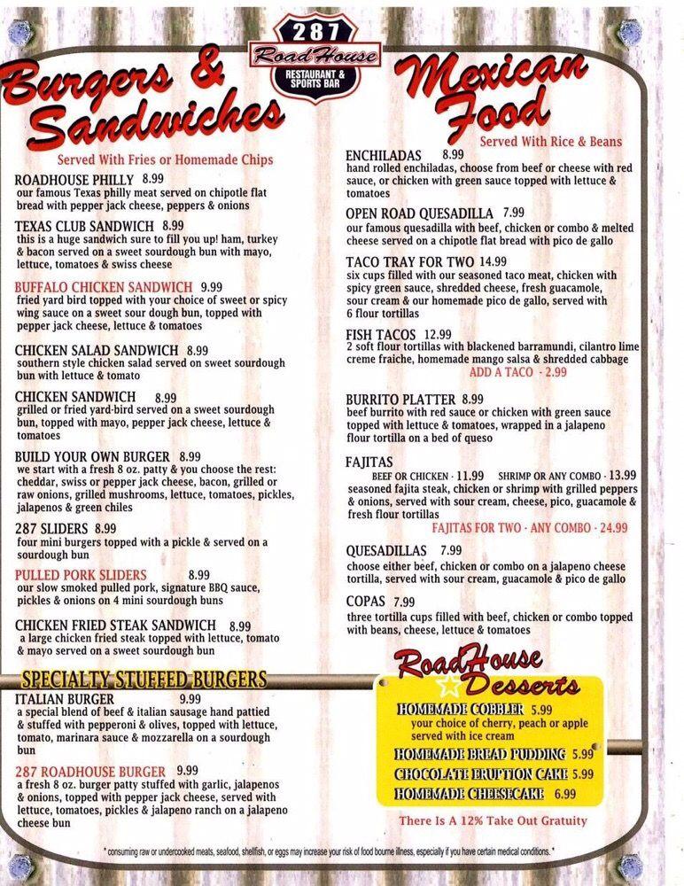 Menu at 287 Roadhouse pub & bar, Dumas