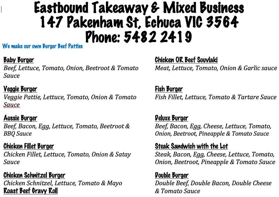 Menu at Eastbound takeaway fast food, Echuca