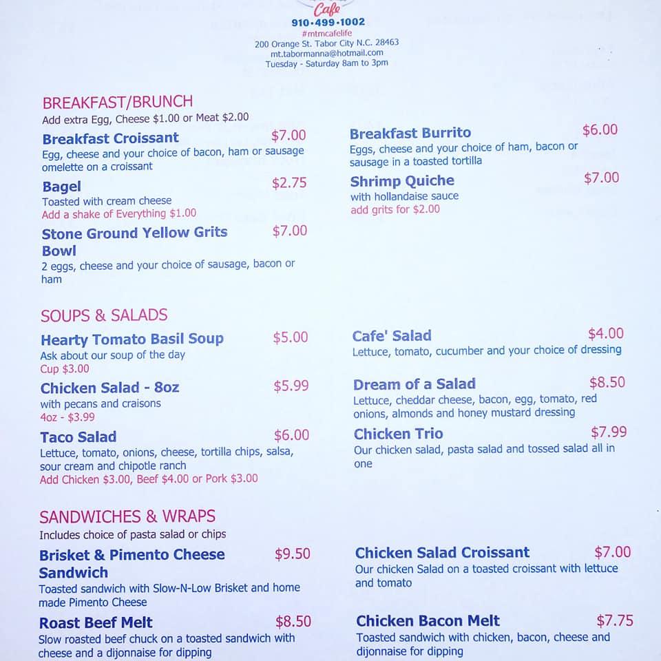 Menu at Mt. Tabor Manna Cafe', Tabor City