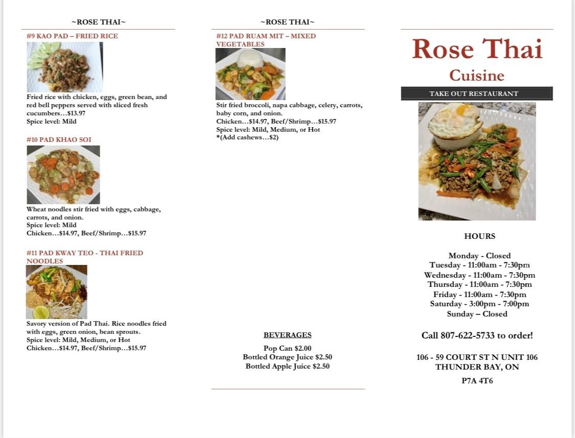 Menu at Rose Thai Cuisine restaurant, Thunder Bay, 570 Red River Rd Unit 1