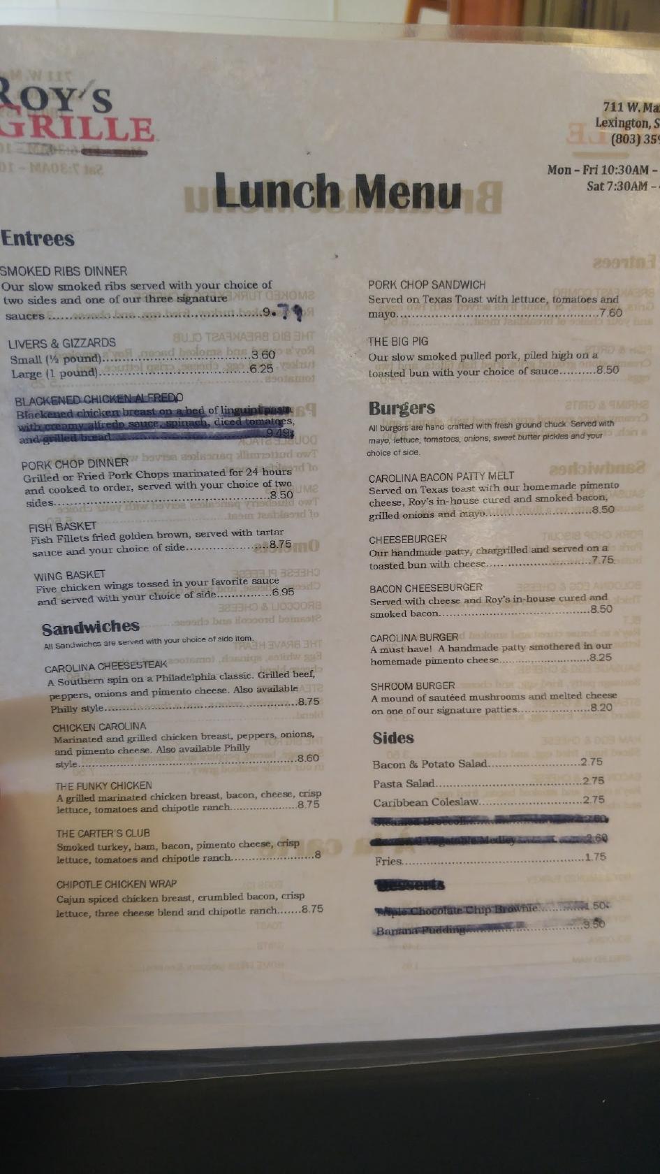 Menu at Roy's Grille BBQ, Irmo