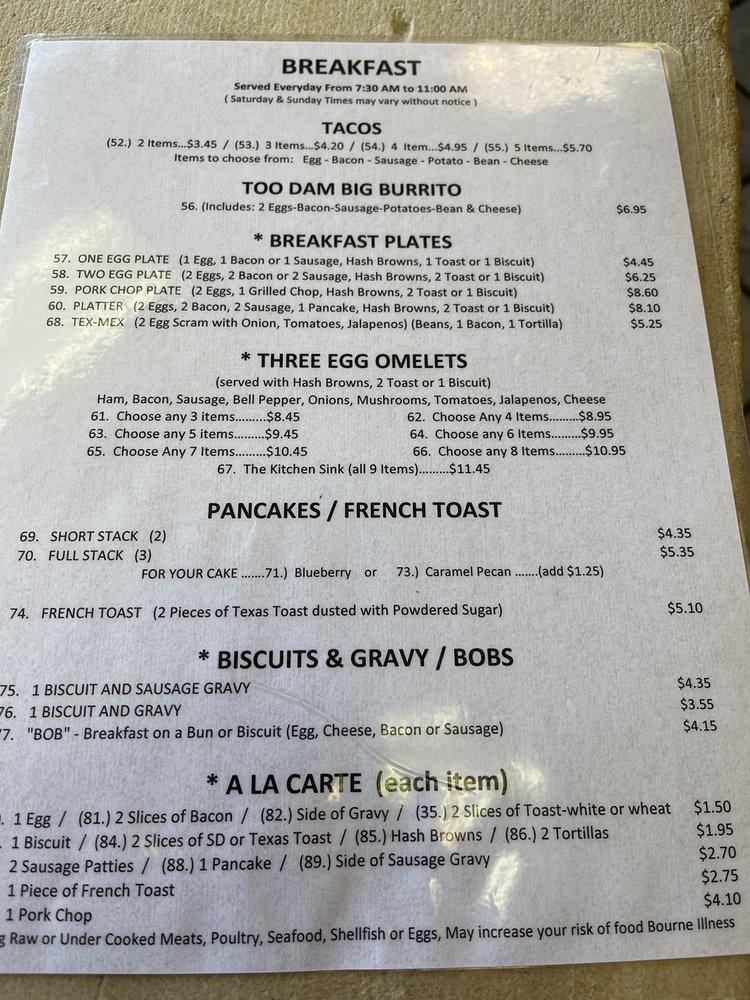 Menu at The Dam Grill restaurant, Buchanan Dam, E