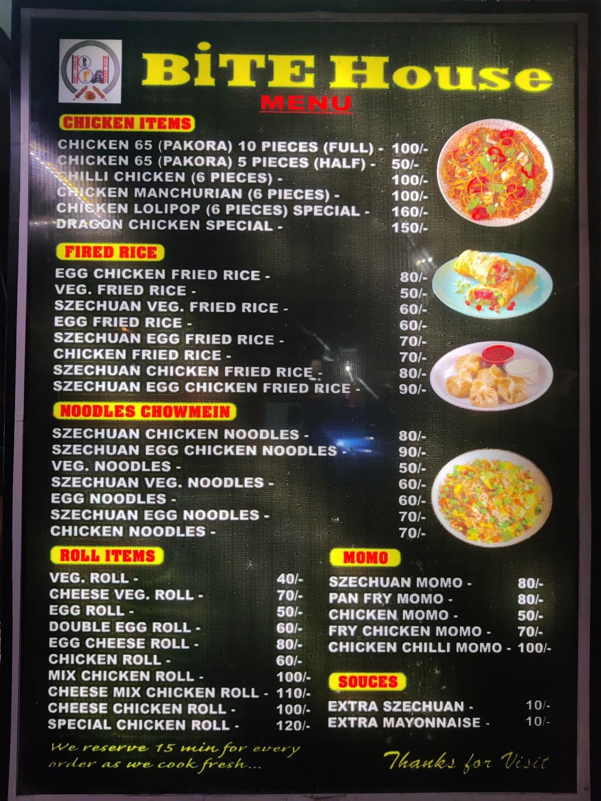 Menu at Bite House, Guwahati