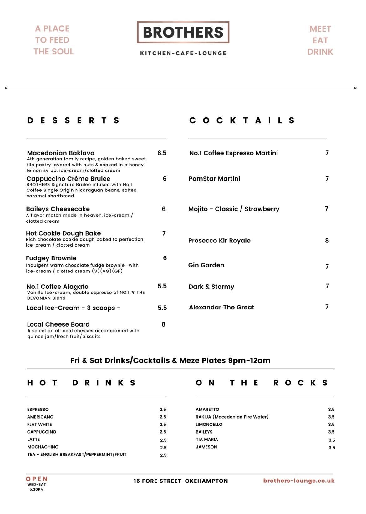 Menu at Brothers restaurant, Okehampton