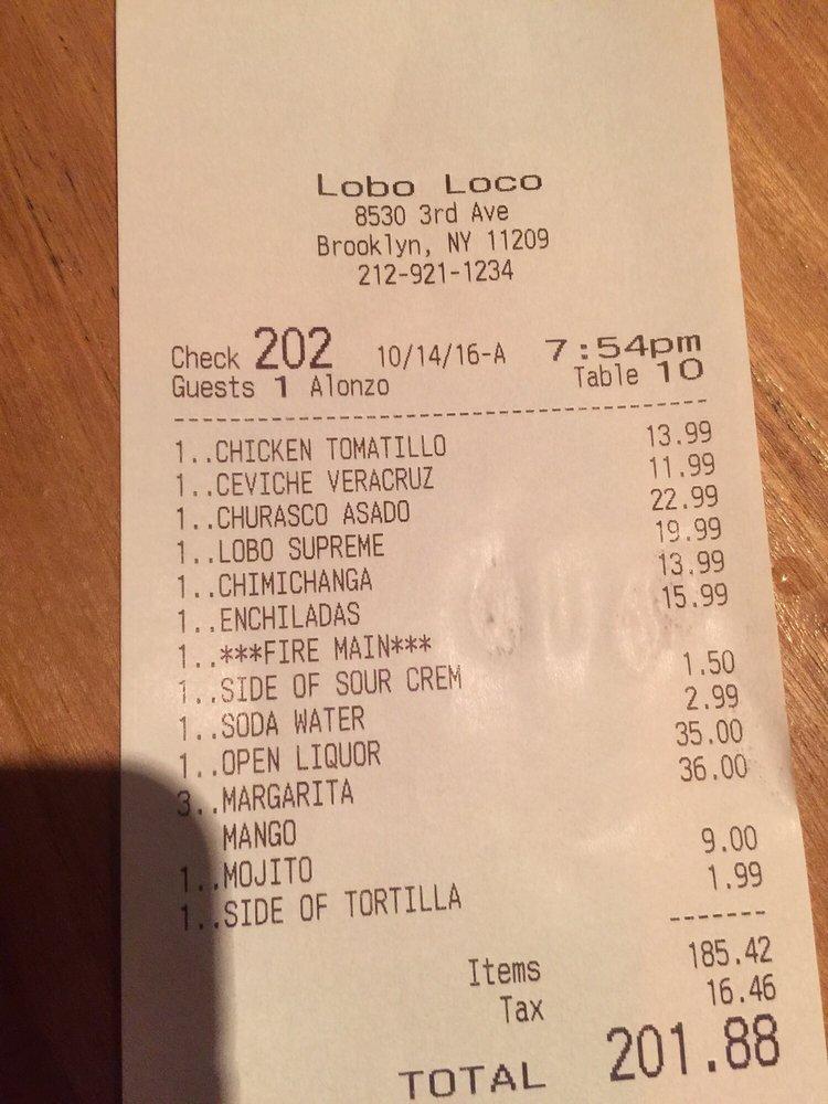 Menu at Lobo Loco restaurant, New York City, 3rd Ave