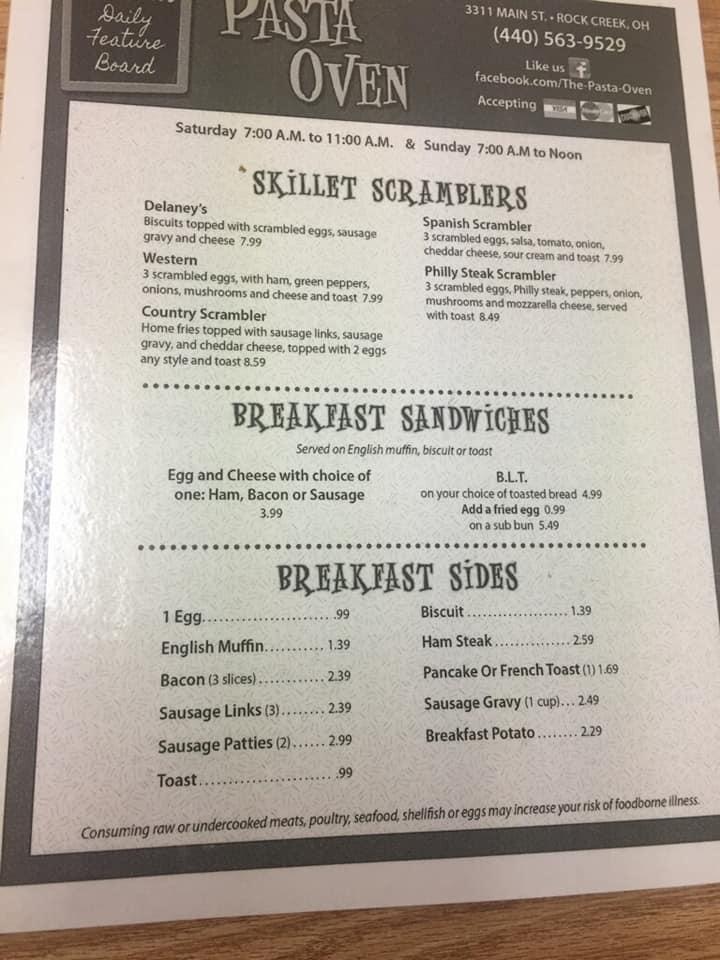 Menu at Pasta Oven pizzeria, Rock Creek