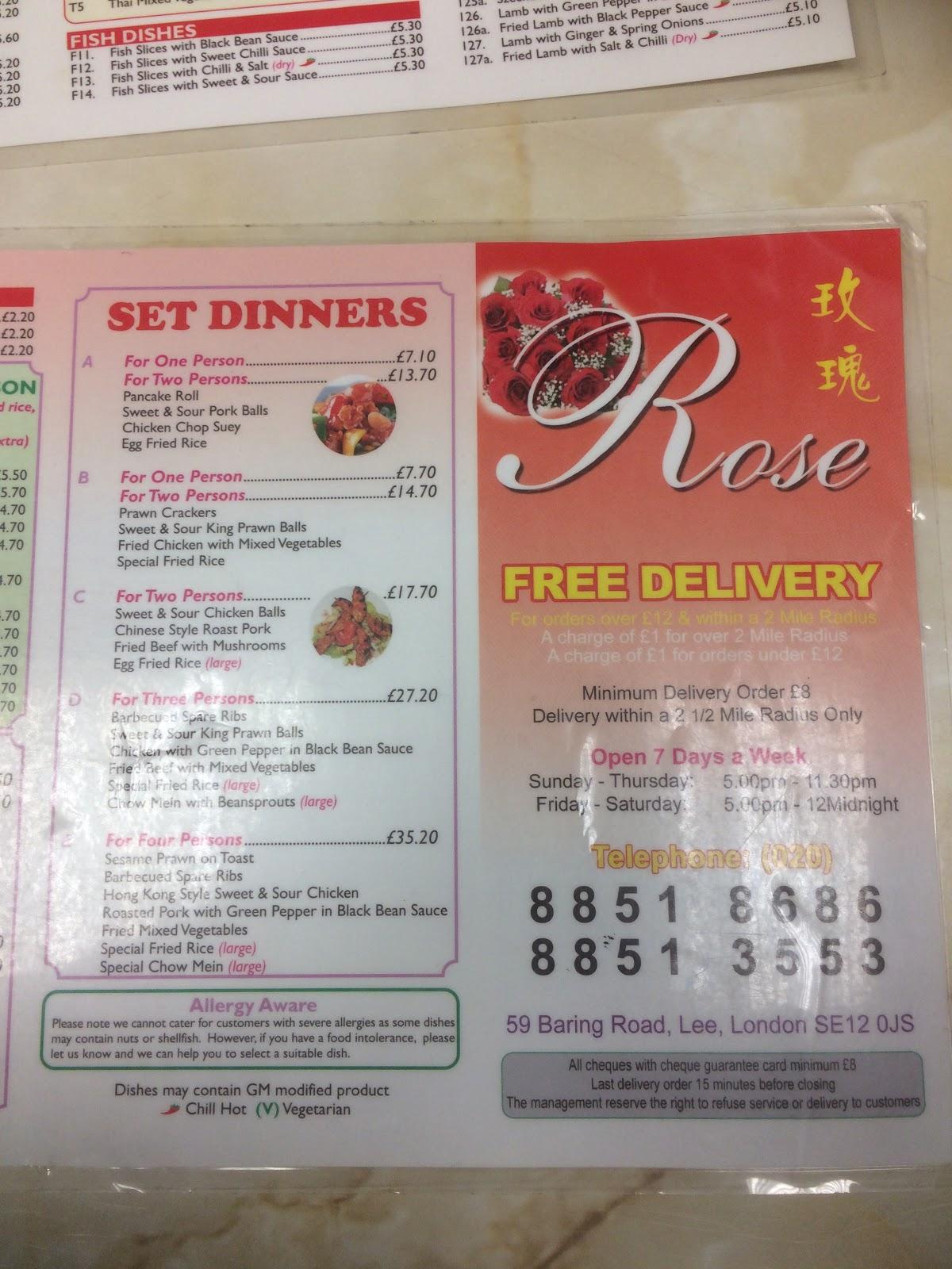 Menu at Rose fast food, London, 59 Baring Rd