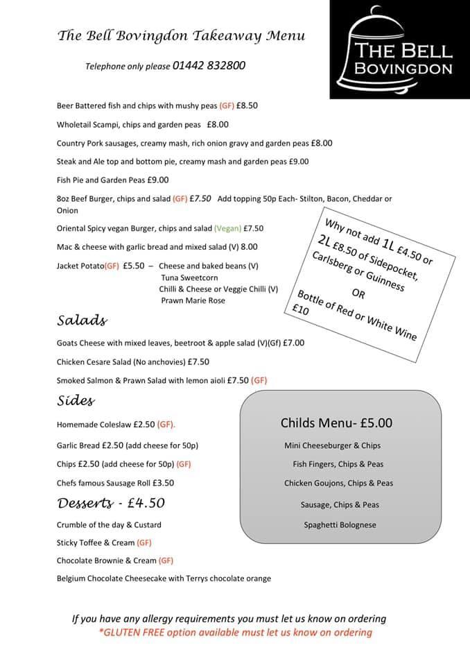 Menu at The Bell Inn Bovingdon pub & bar, Hemel Hempstead