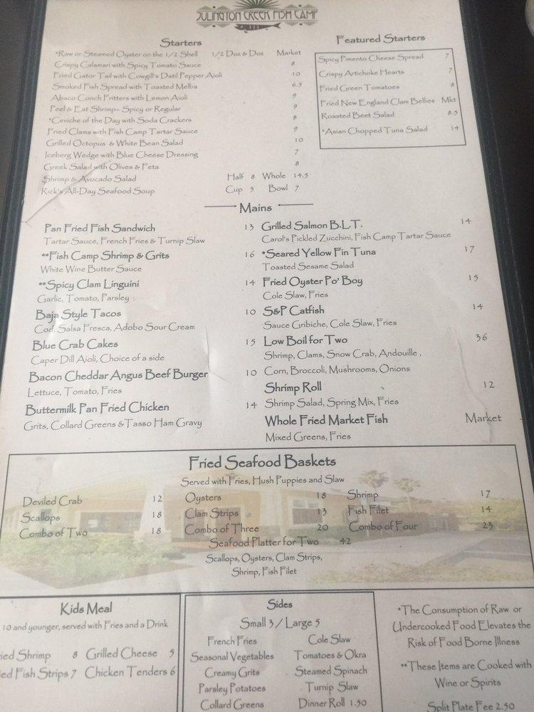 Menu at Julington Creek Fish Camp restaurant, Jacksonville