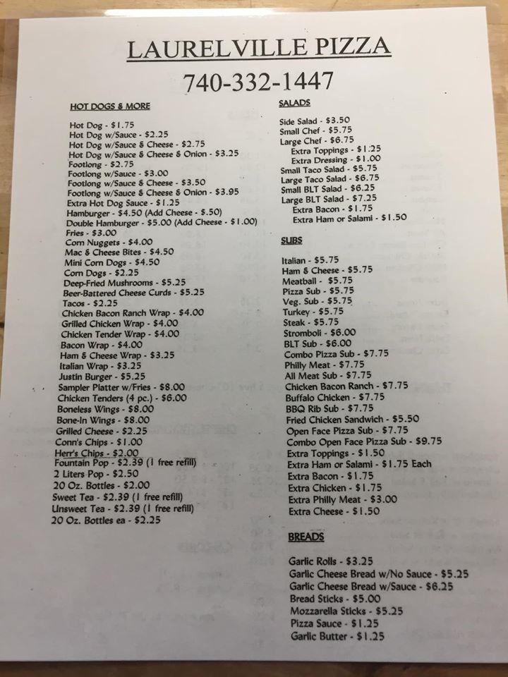 Menu at Laurelville Pizza pizzeria, Laurelville