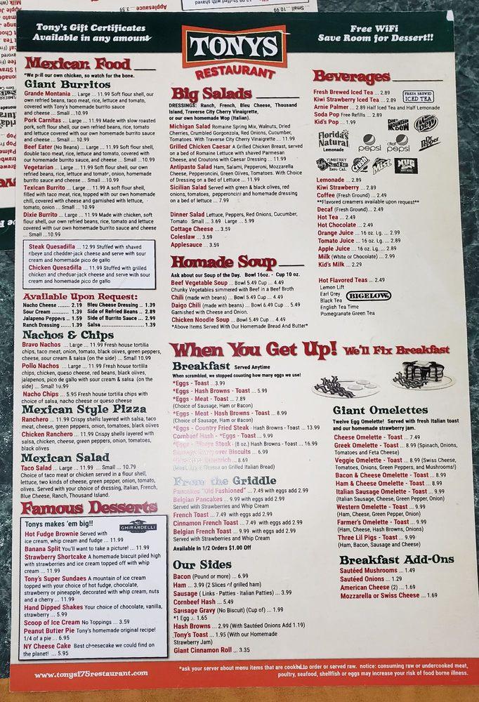 Menu at Tony's I75 Restaurant, Birch Run