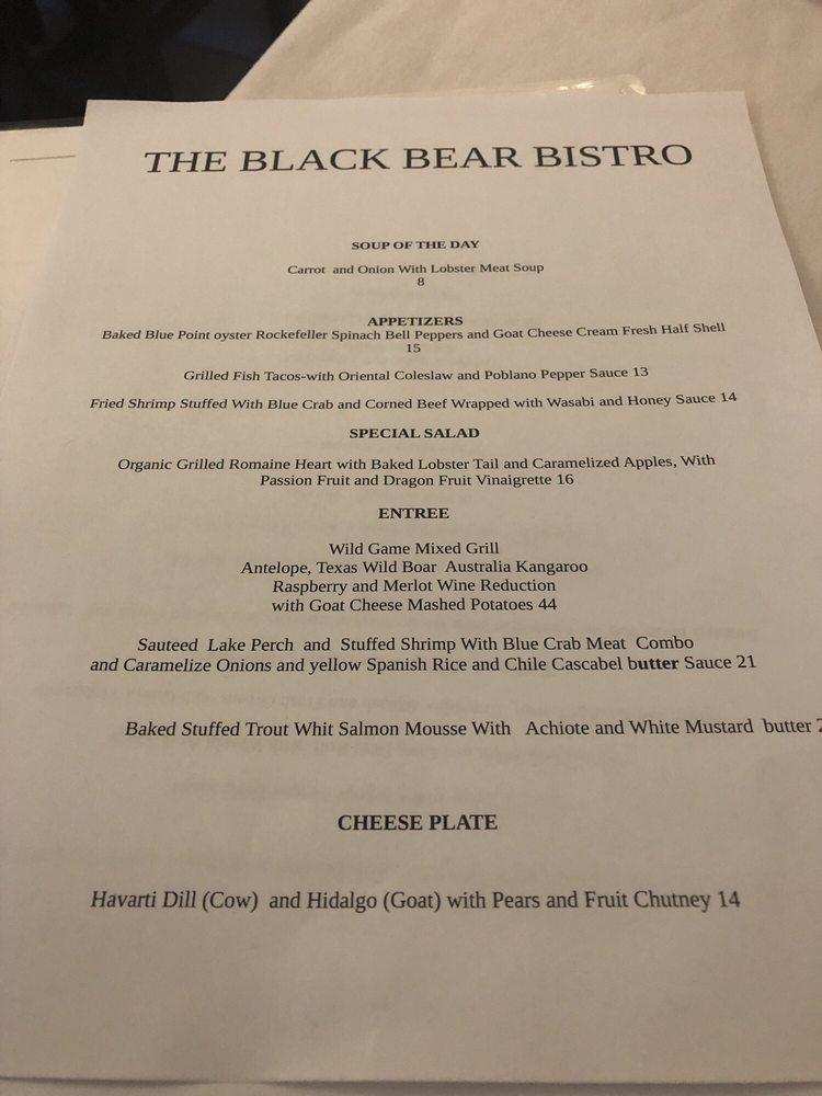 Menu at The Black Bear Bistro restaurant, Algonquin