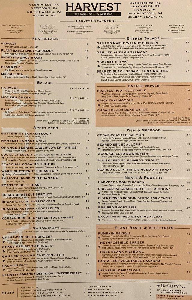 Menu at Harvest Seasonal Grill Glen Mills pub & bar, Glen Mills
