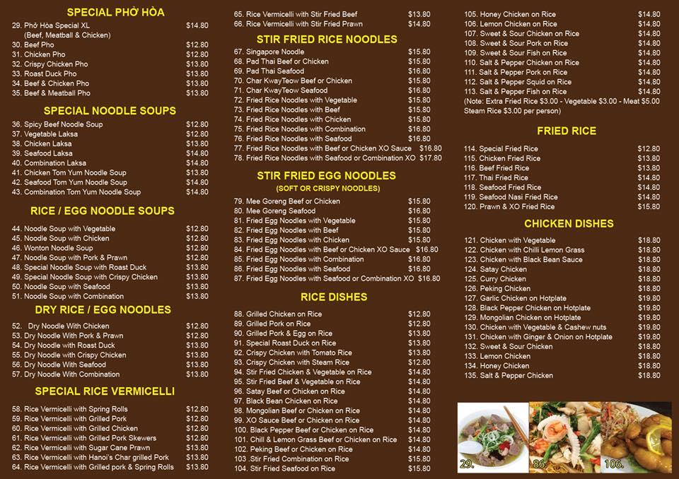 Menu at Pho Hoa Melton restaurant, Melton