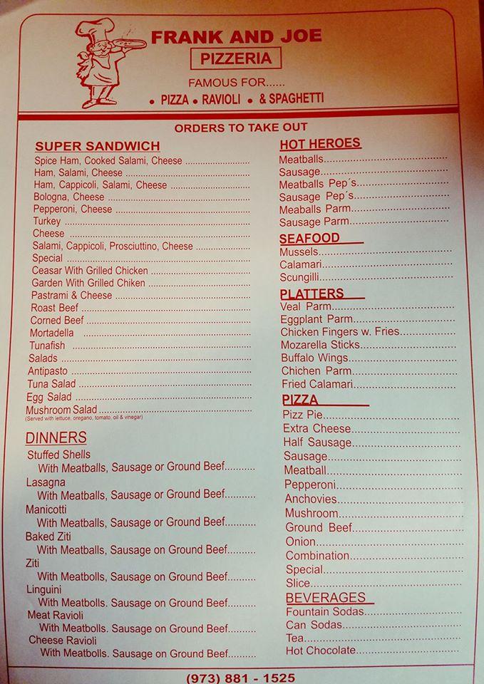 Menu at Frank & Joe's Pizza pizzeria, Paterson