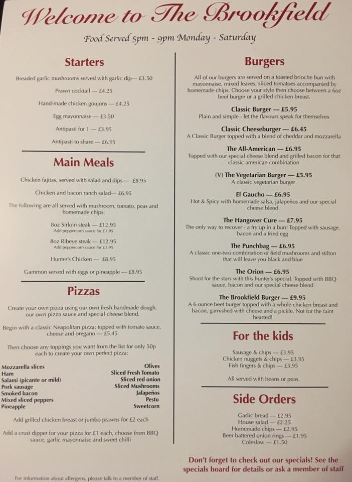 Menu at The Brookfield pub & bar, Derby