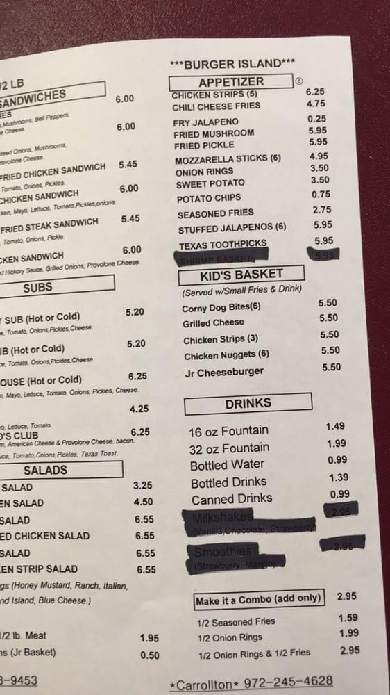 Menu at Burger Island restaurant, Carrollton
