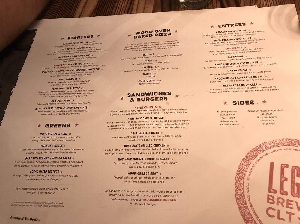 Menu at Legion Brewing South Park pub & bar, Charlotte