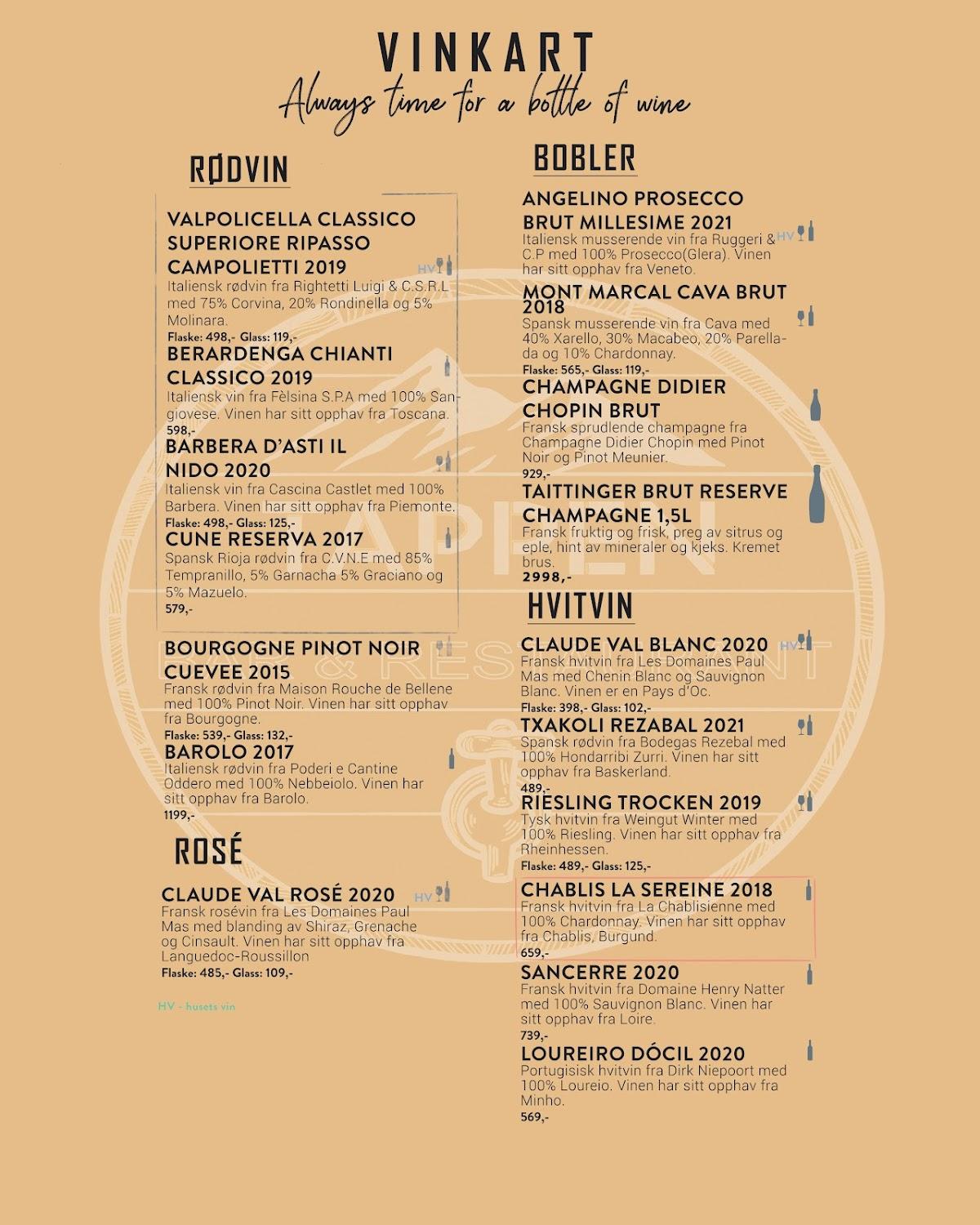 Menu at Tappen Bar & Restaurant, Beitostølen