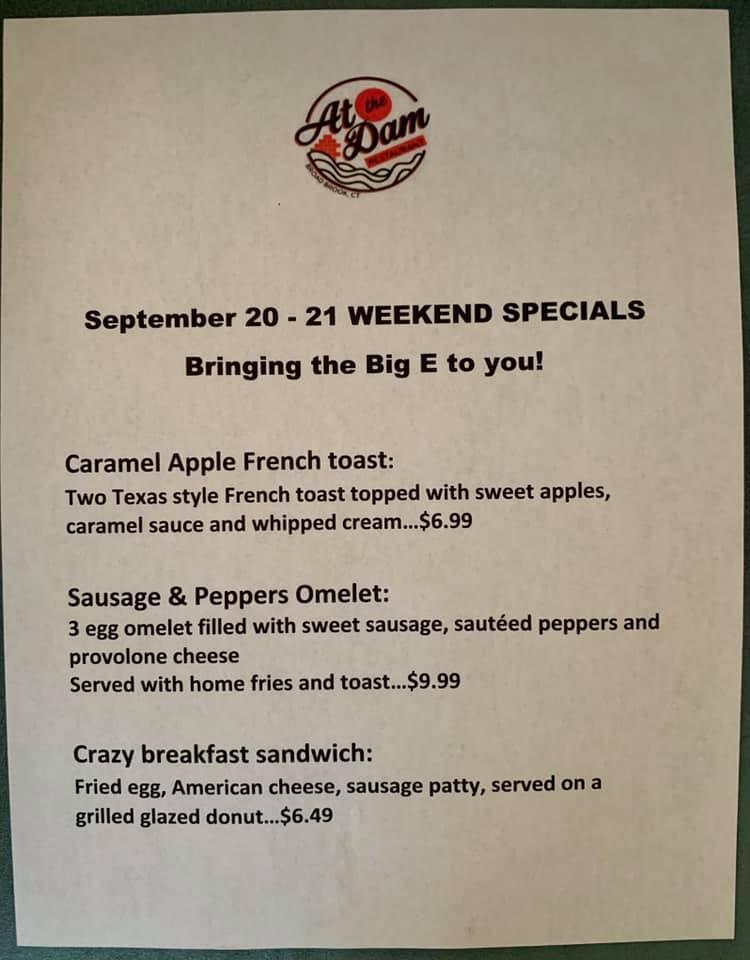 Menu at At The Dam Restaurant, East Windsor
