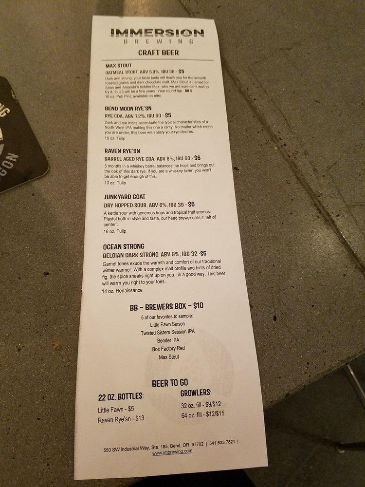 Menu at Immersion Brewing pub & bar, Bend