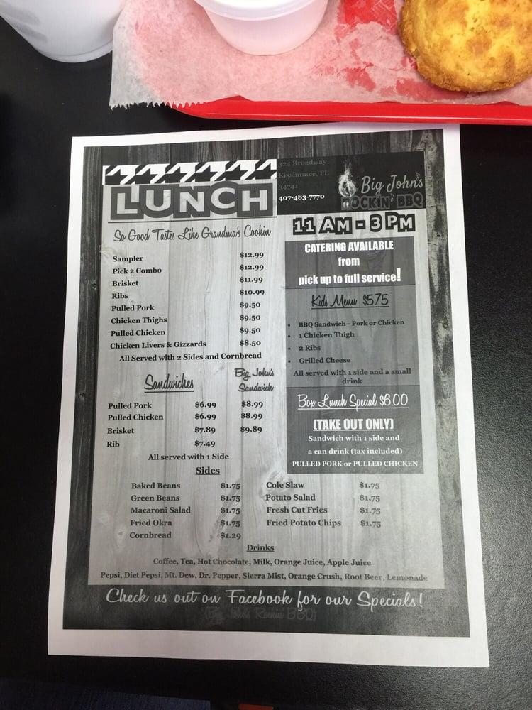 Menu at Big John's Rockin' BBQ, Kissimmee