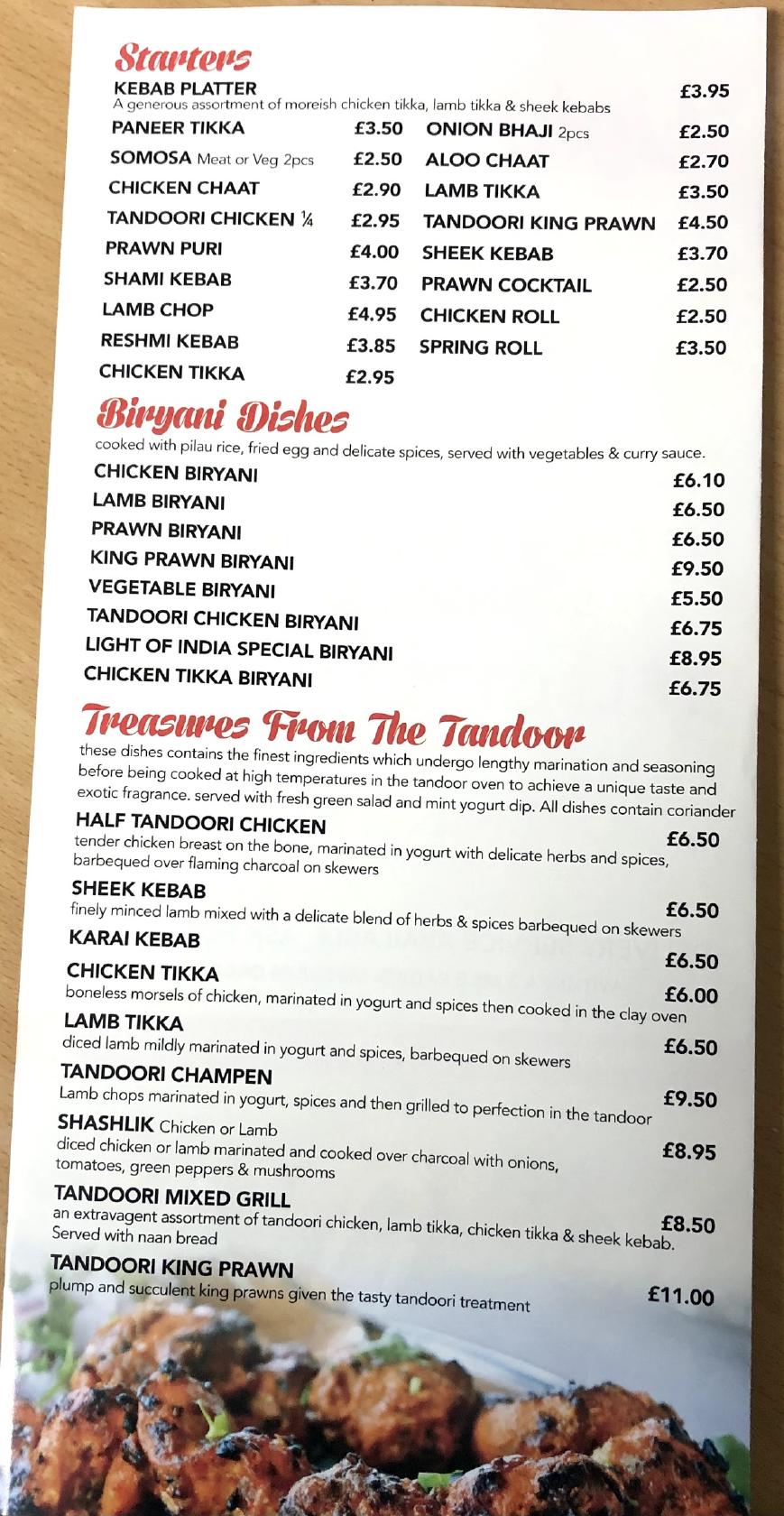 Menu at Light Of India, Swansea, 17 Delhi St