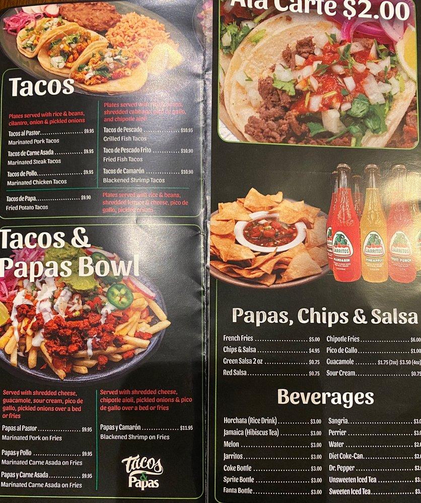 Menu at Tacos and Papas restaurant, Monrovia