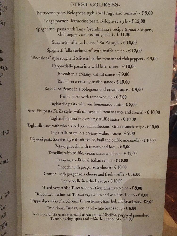 Menu at Trattoria Zà Zà restaurant, Florence