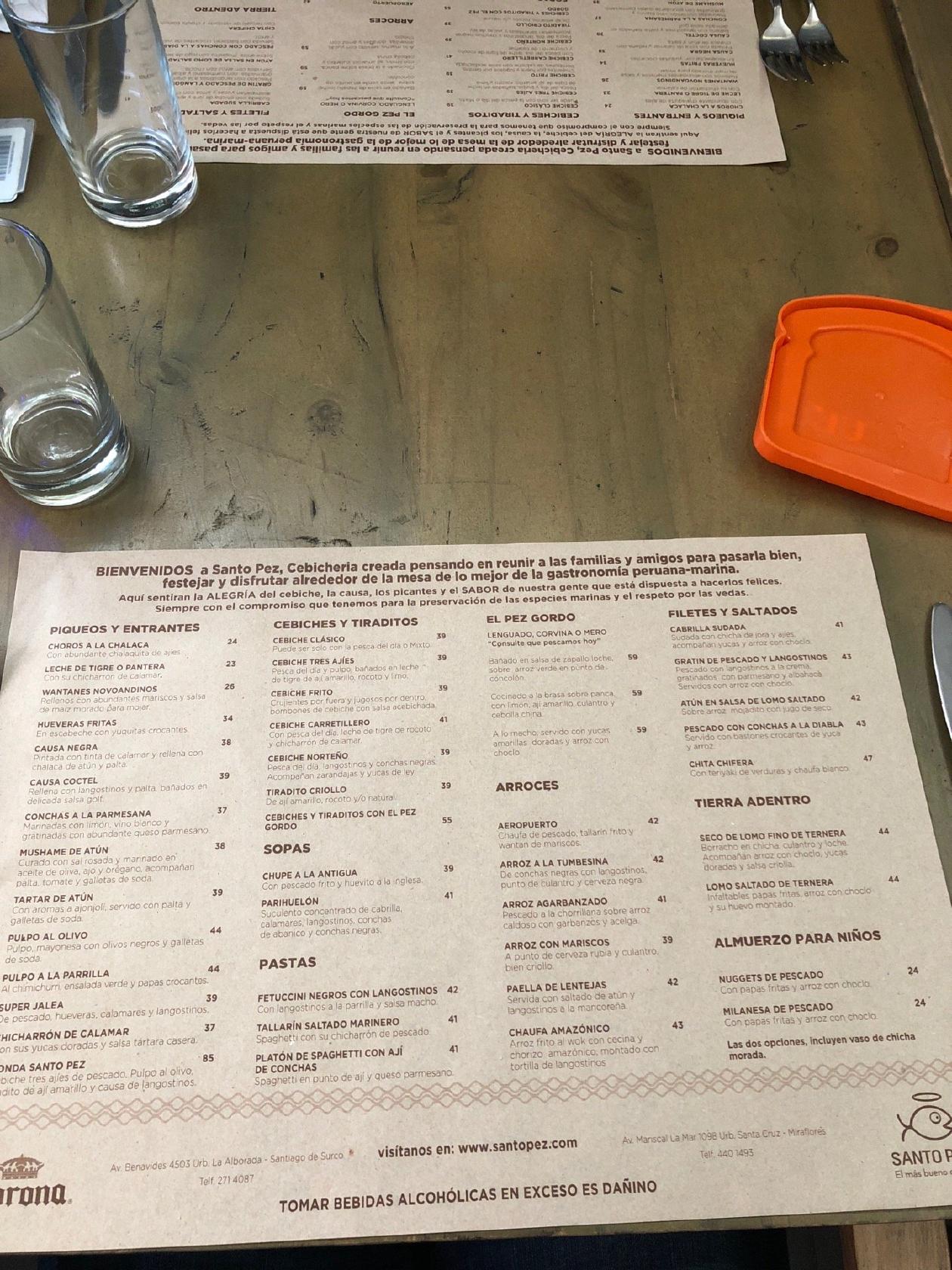 Carta del restaurante Santo Pez, Santiago del Surco, Av. Alfredo