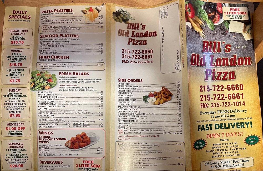 Menu at Bill's Old London Pizza pizzeria, Philadelphia, 328 Loney St