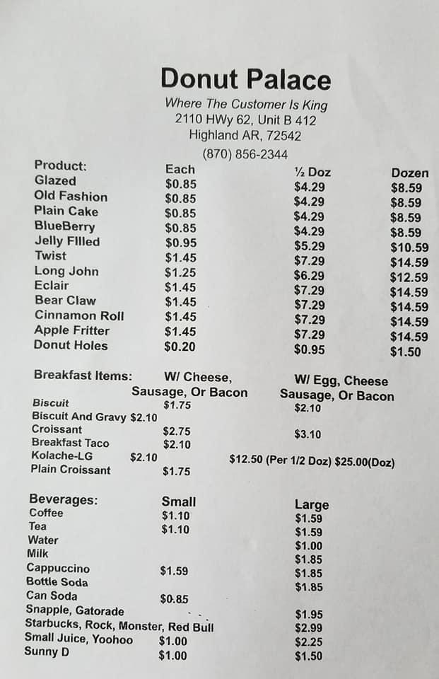 Menu at Donut Palace, Highland