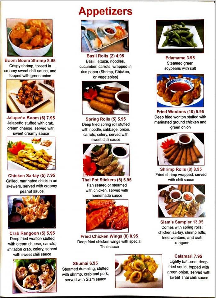 Menu at Siam Thai Cuisine restaurant, Mobile