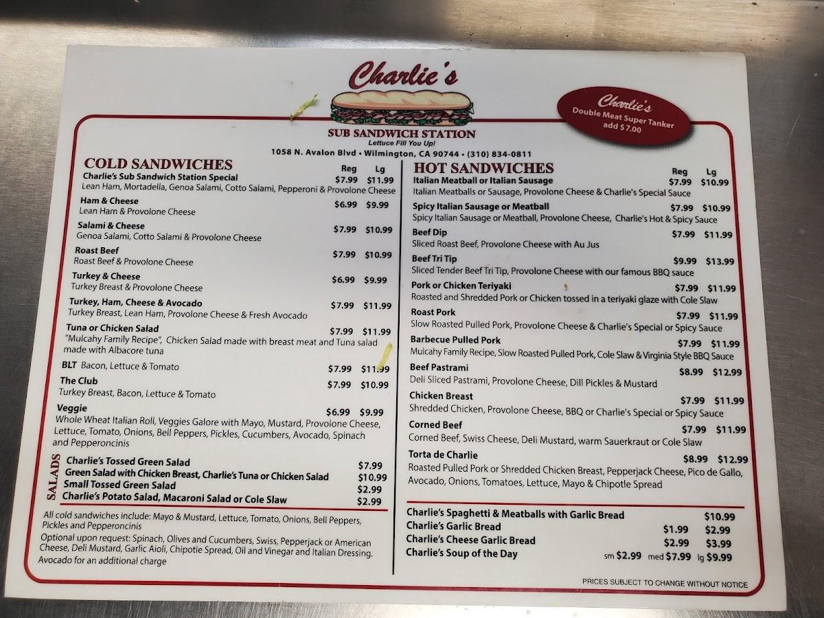 Carta del restaurante Charlie's Sub Sandwich, Los Angeles