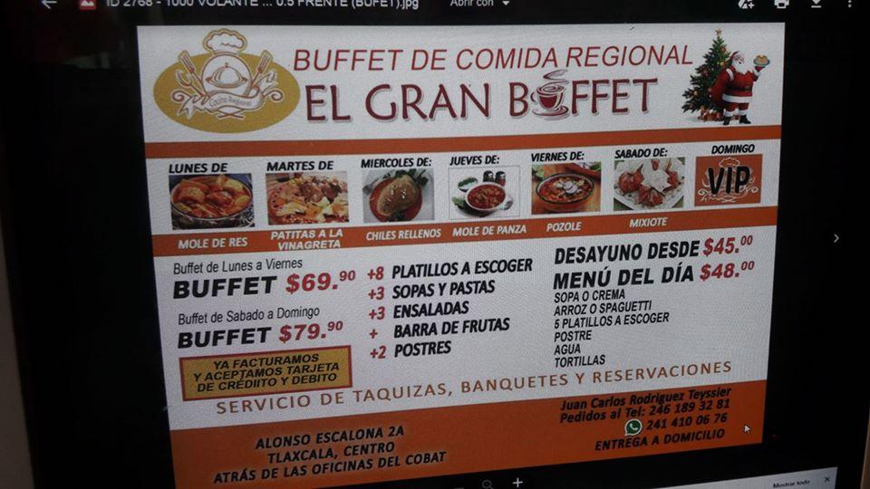 Carta del restaurante El Gran Buffet, Tlaxcala del Xicohtencatl