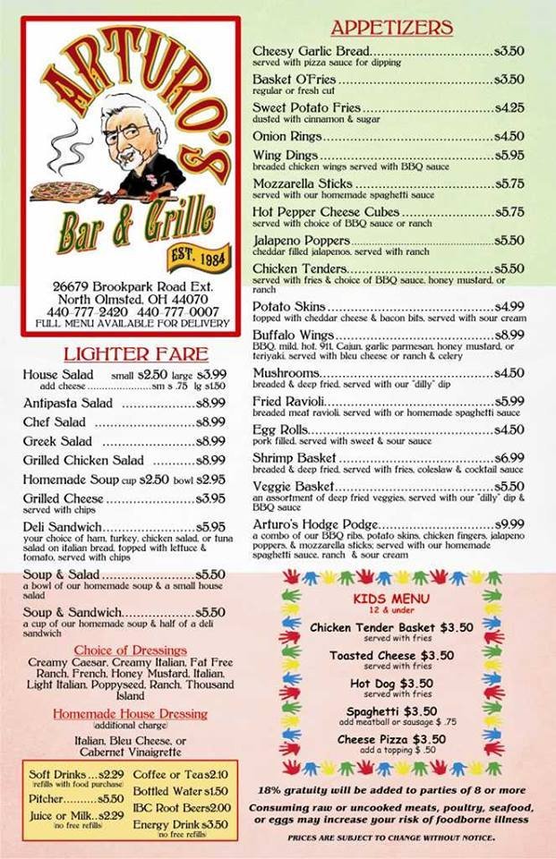 Menu at Arturo's Bar & Grill, North Olmsted