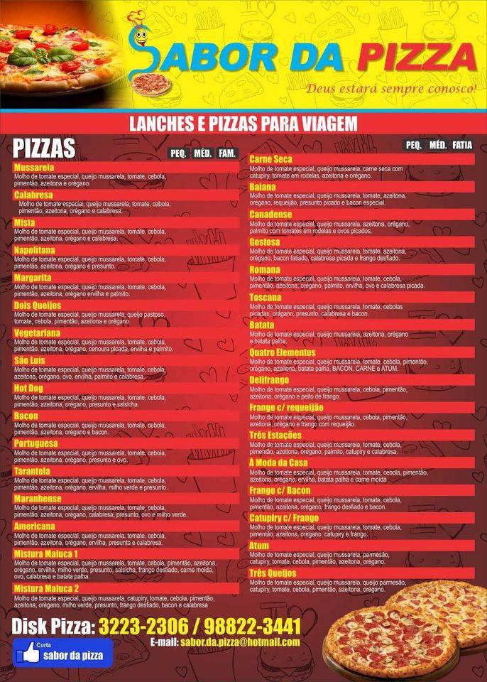 Sabor da pizza slz cardápio