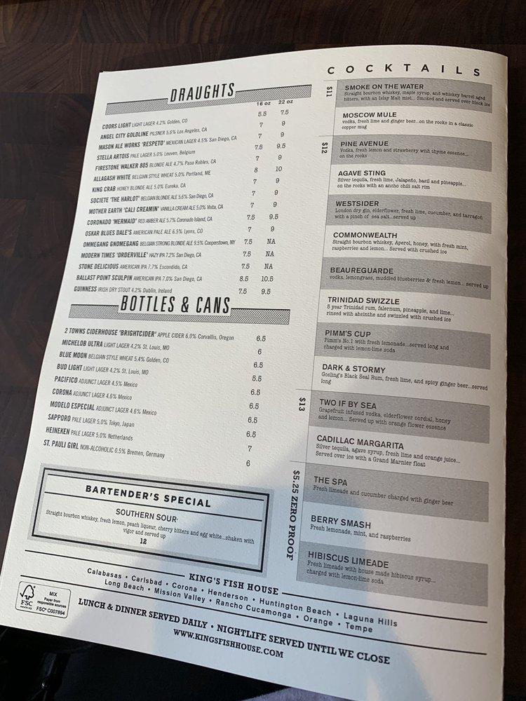 Menu at King's Fish House restaurant, Carlsbad, Paseo Del Norte