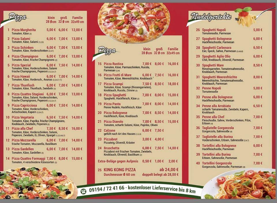 Menu at La Piccola restaurant, Ebermannstadt