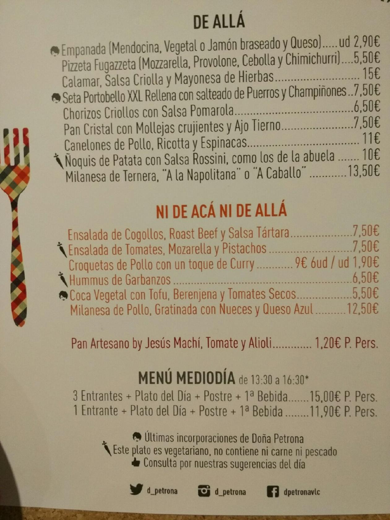 Menu at Doña Petrona pub & bar, Valencia