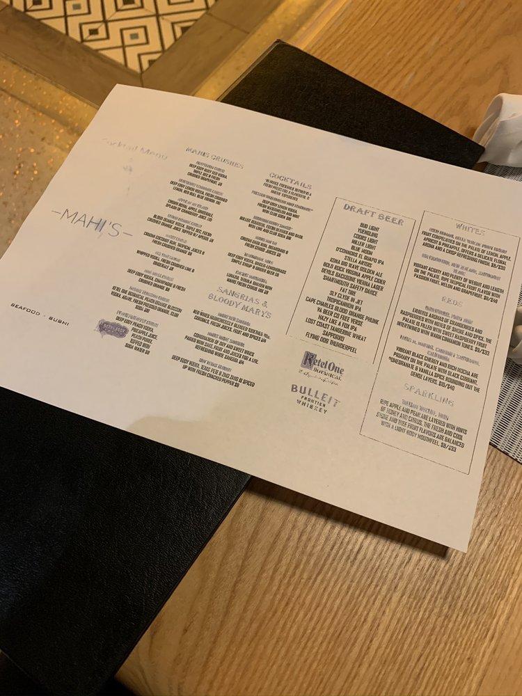 Menu at Mahi's restaurant, Virginia Beach