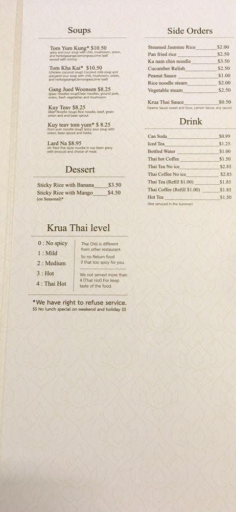 Menu at Krua Thai Restaurant, Abilene