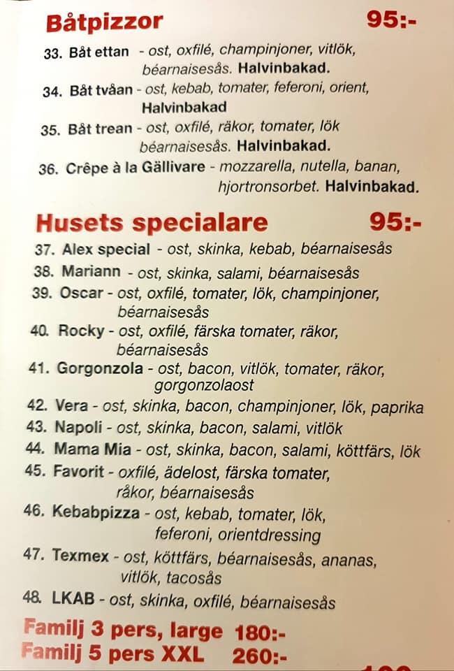 Menu at Pizzeria Milano, Gällivare