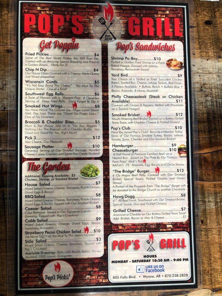 Menu at Pop's Grill BBQ, Wynne